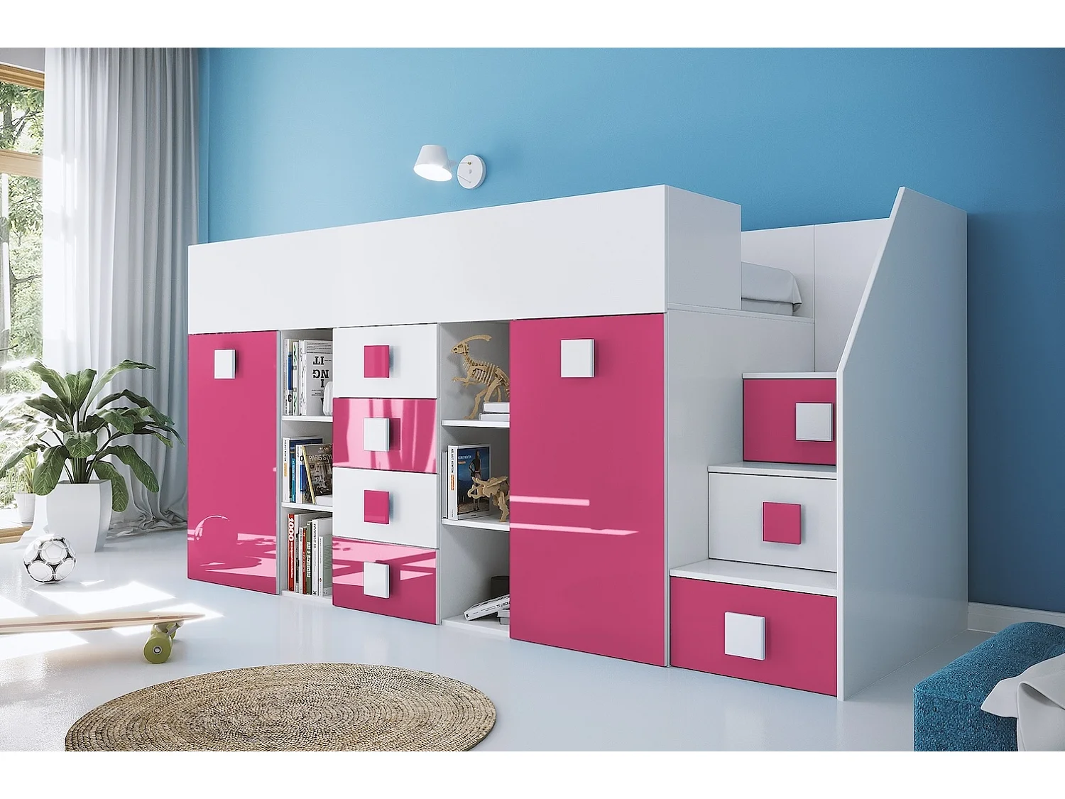 HOCHBETT Toledo Treppe rechts weiß / pink Hochglanz - Griffe weiß / pink 93 / 248,5 / 123cm