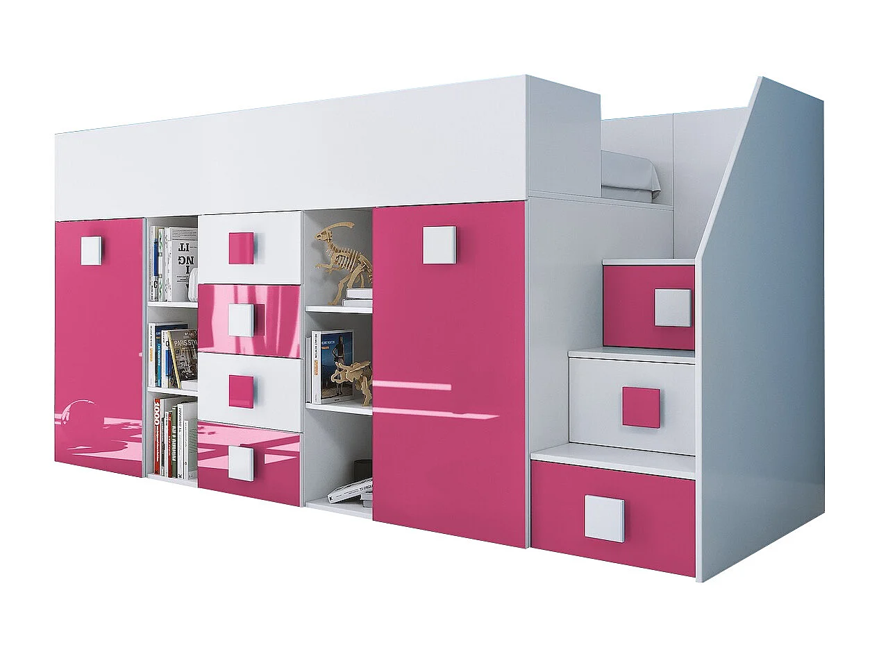 HOCHBETT Toledo Treppe rechts weiß / pink Hochglanz - Griffe weiß / pink 93 / 248,5 / 123cm