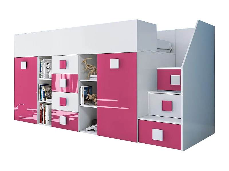 HOCHBETT Toledo Treppe rechts weiß / pink Hochglanz - Griffe weiß / pink 93 / 248,5 / 123cm