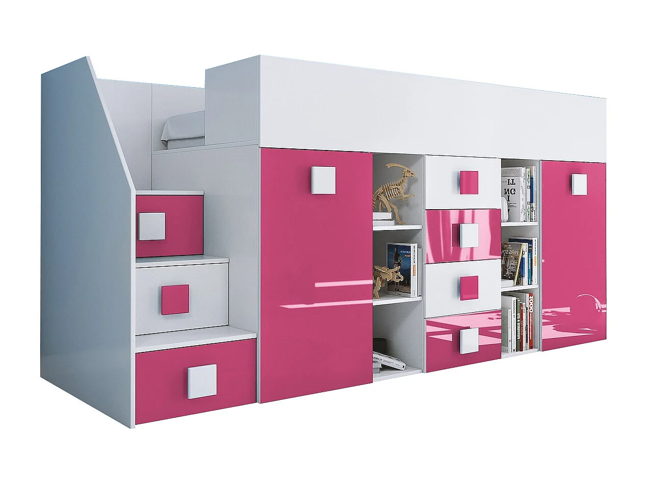 HOCHBETT Toledo Treppe links weiß / pink Hochglanz - Griffe weiß / pink 93 / 248,5 / 123cm