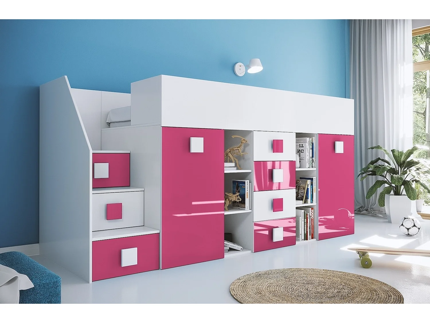 HOCHBETT Toledo Treppe links weiß / pink Hochglanz - Griffe weiß / pink 93 / 248,5 / 123cm