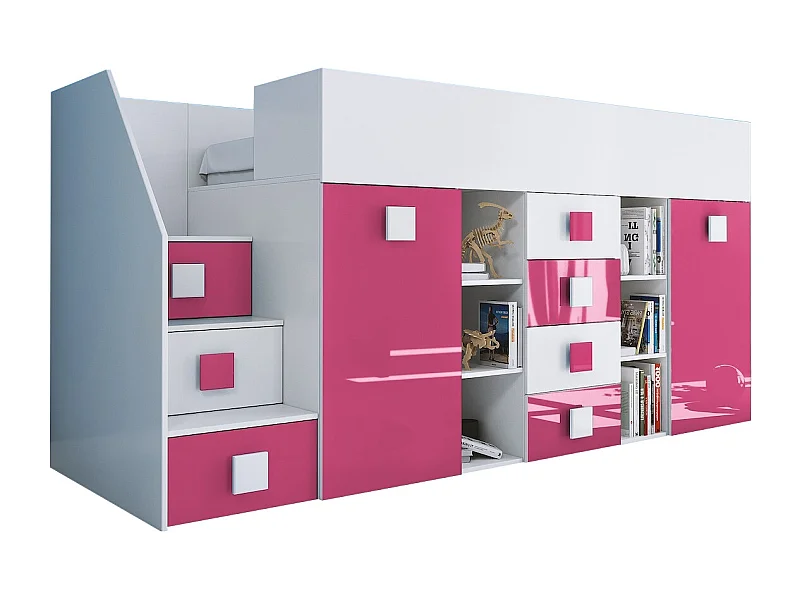 HOCHBETT Toledo Treppe links weiß / pink Hochglanz - Griffe weiß / pink 93 / 248,5 / 123cm