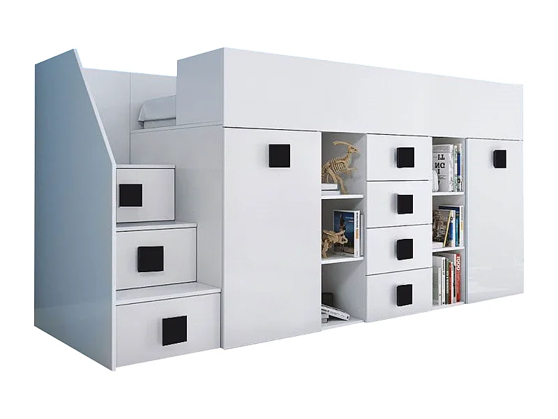 HOCHBETT Toledo Treppe links weiß / weiß Hochglanz - Griffe schwarz 93 / 248,5 / 123cm