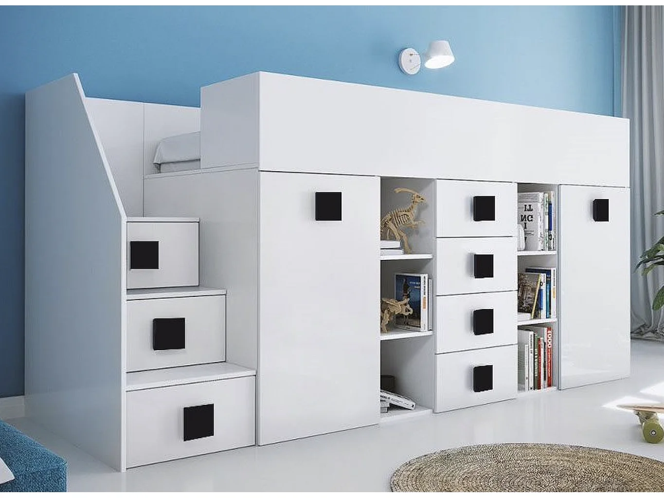 HOCHBETT Toledo Treppe links weiß / weiß Hochglanz - Griffe schwarz 93 / 248,5 / 123cm