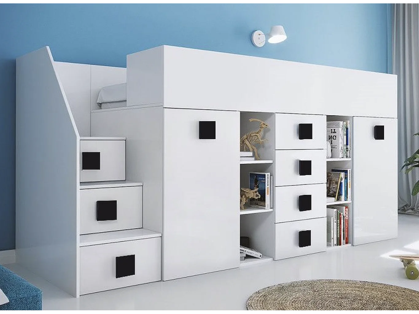 HOCHBETT Toledo Treppe links weiß / weiß Hochglanz - Griffe schwarz 93 / 248,5 / 123cm