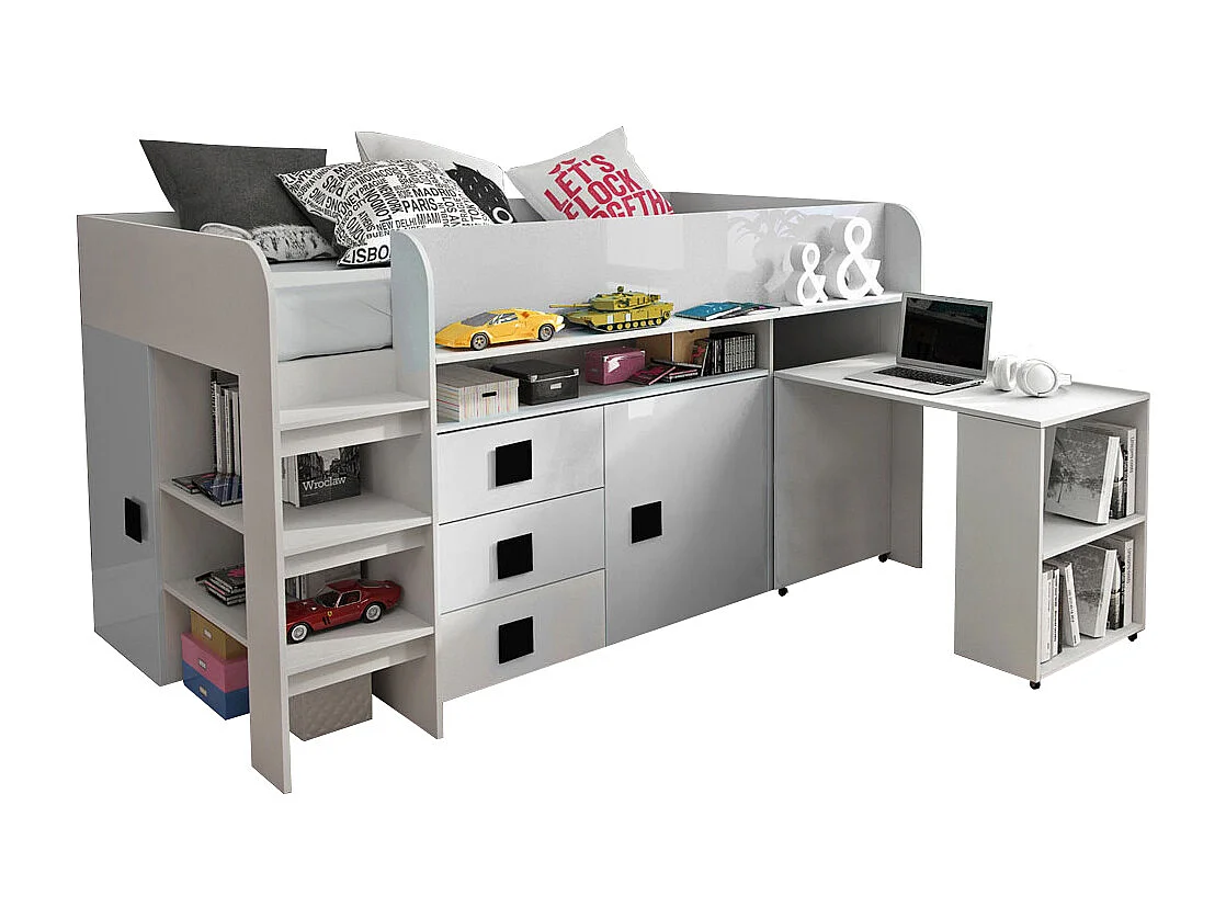 HOCHBETT Toledo weiß / weiß Hochglanz - Griffe grau 106 / 204 / 125cm