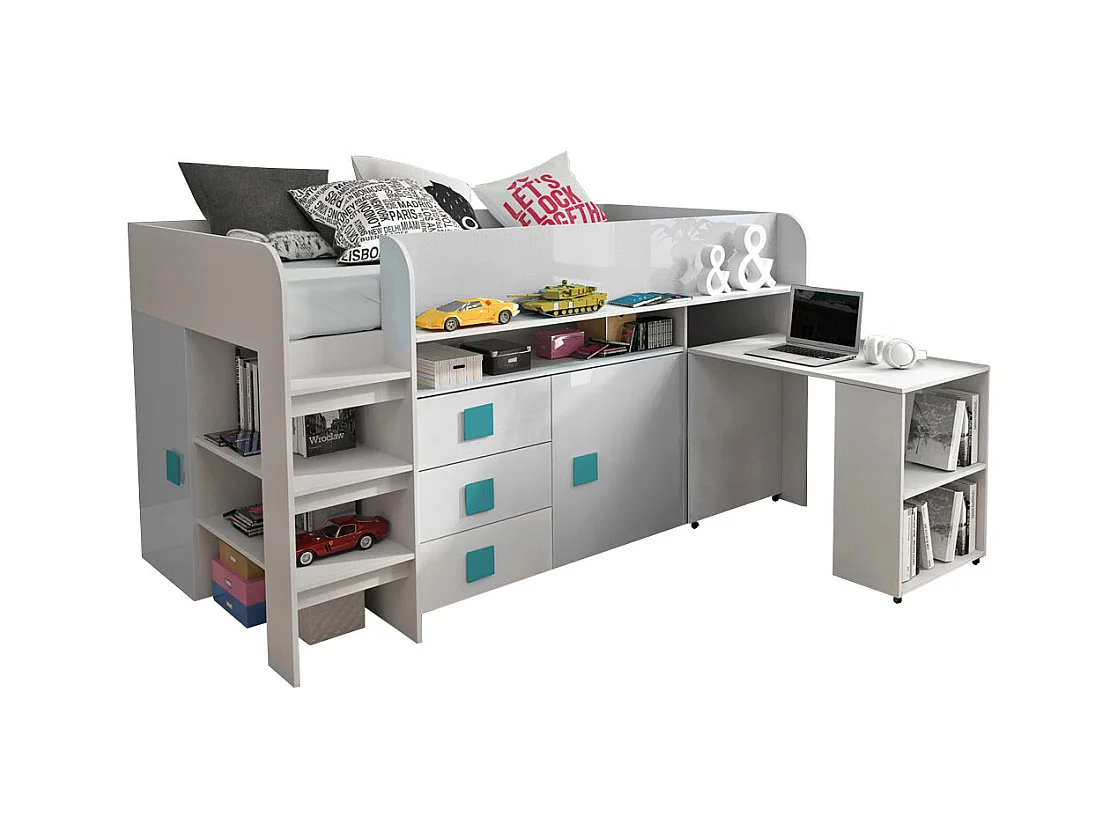 HOCHBETT Toledo weiß / weiß Hochglanz - Griffe türkis 204 / 106 / 125cm