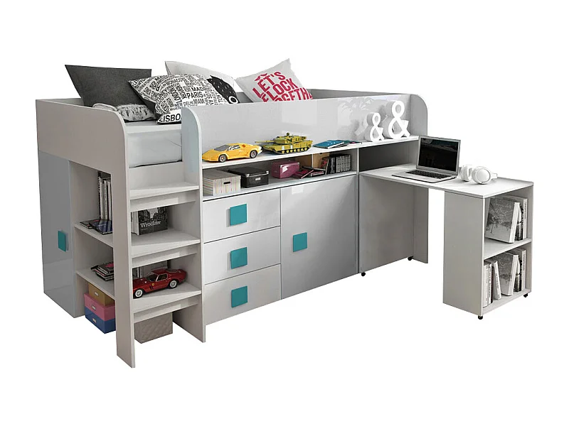 HOCHBETT Toledo weiß / weiß Hochglanz - Griffe türkis 204 / 106 / 125cm