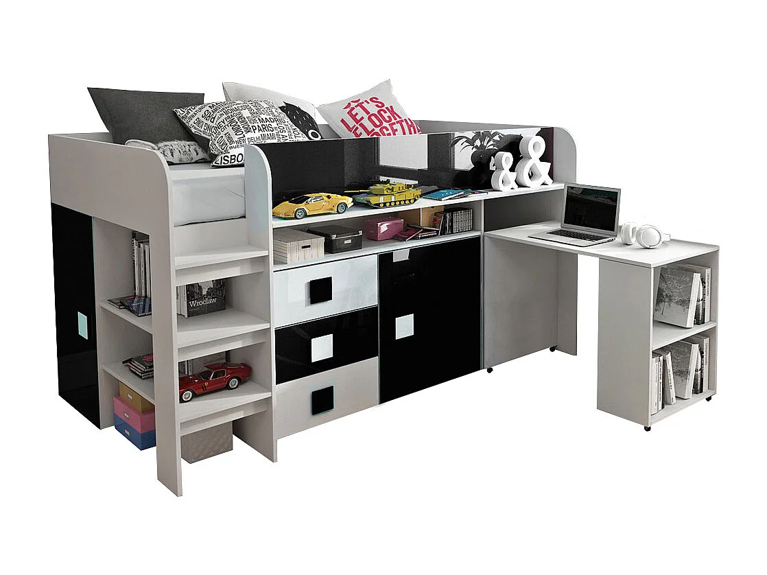 HOCHBETT Toledo weiß / schwarz Hochglanz - Griffe weiß / schwarz 106 / 204 / 125cm