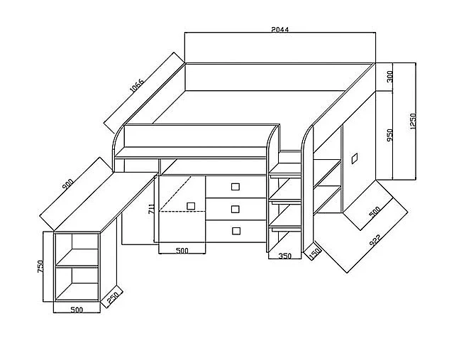 HOCHBETT Toledo weiß / schwarz Hochglanz - Griffe weiß / schwarz 106 / 204 / 125cm