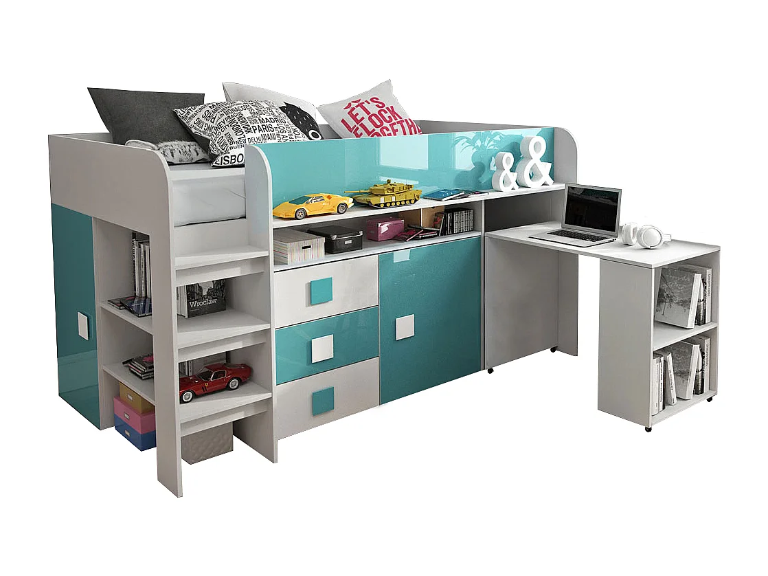 HOCHBETT Toledo weiß / türkis Hochglanz - Griffe weiß / türkis 106 / 204 / 125cm