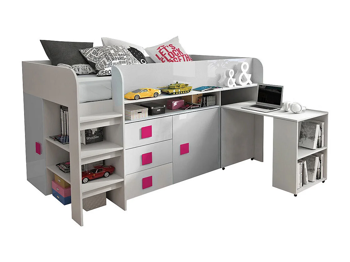 HOCHBETT Toledo weiß / weiß Hochglanz - Griffe pink 106 / 204 / 125cm