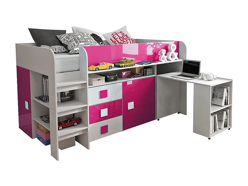 HOCHBETT Toledo weiß / pink Hochglanz - Griffe weiß / pink 106 / 204 / 125cm