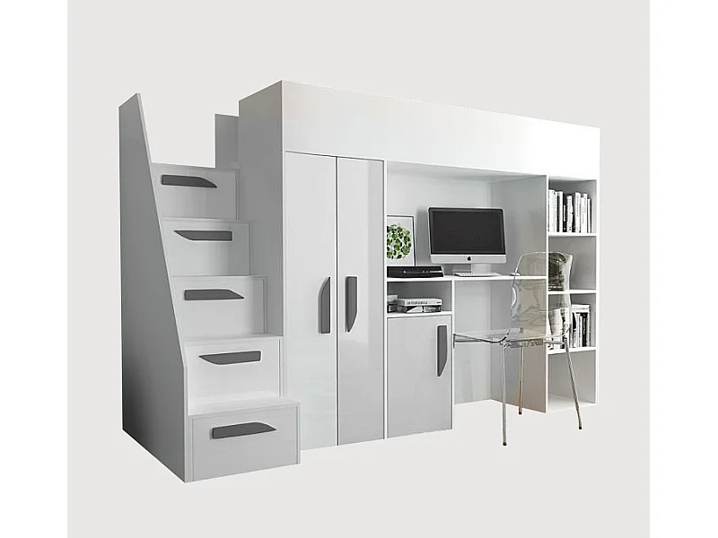 HOCHBETT Party weiß / weiß Hochglanz - Griffe grau 120 / 247 / 165cm