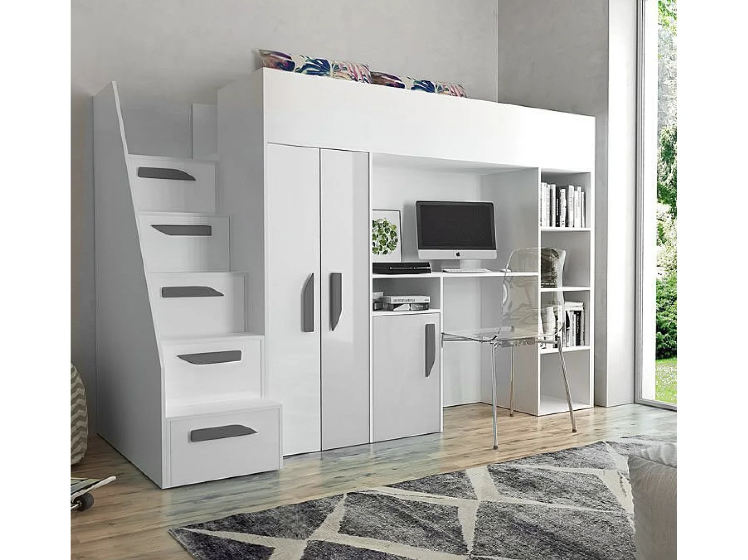 HOCHBETT Party weiß / weiß Hochglanz - Griffe grau 120 / 247 / 165cm