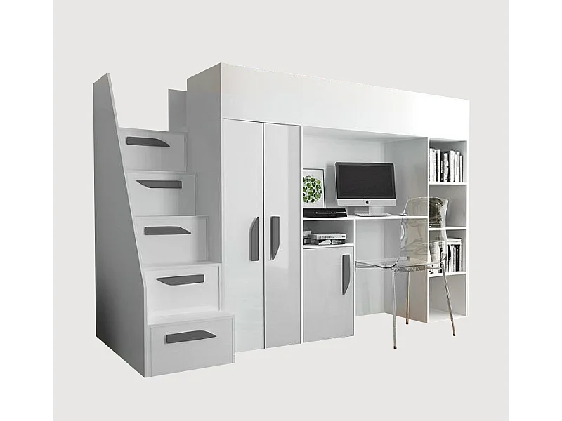 HOCHBETT Party weiß / weiß Hochglanz - Griffe grau 120 / 247 / 165cm