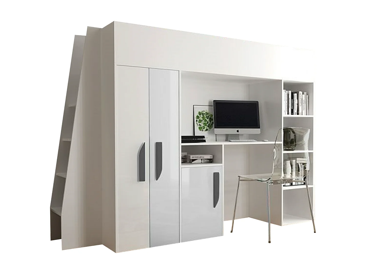 HOCHBETT Party weiß / weiß Hochglanz - Griffe grau 95 / 230 / 165cm