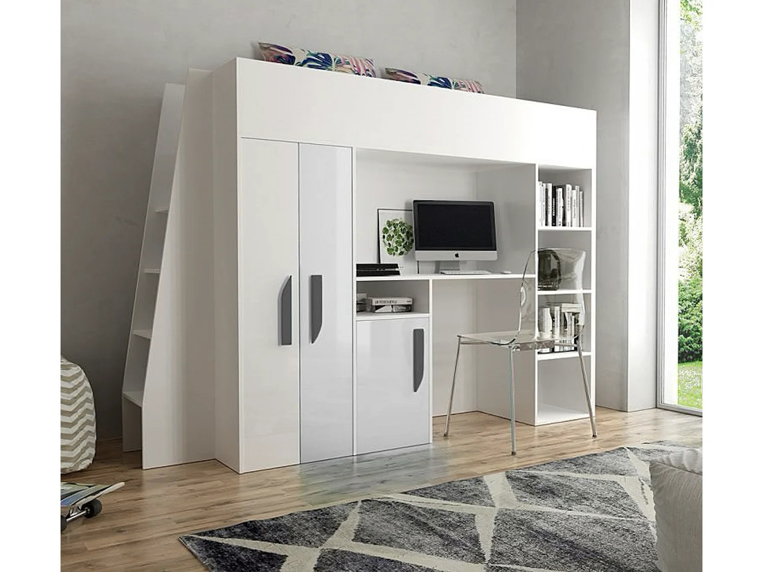 HOCHBETT Party weiß / weiß Hochglanz - Griffe grau 95 / 230 / 165cm