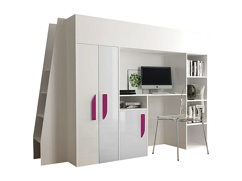 HOCHBETT Party weiß / weiß Hochglanz - Griffe pink 95 / 230 / 165cm