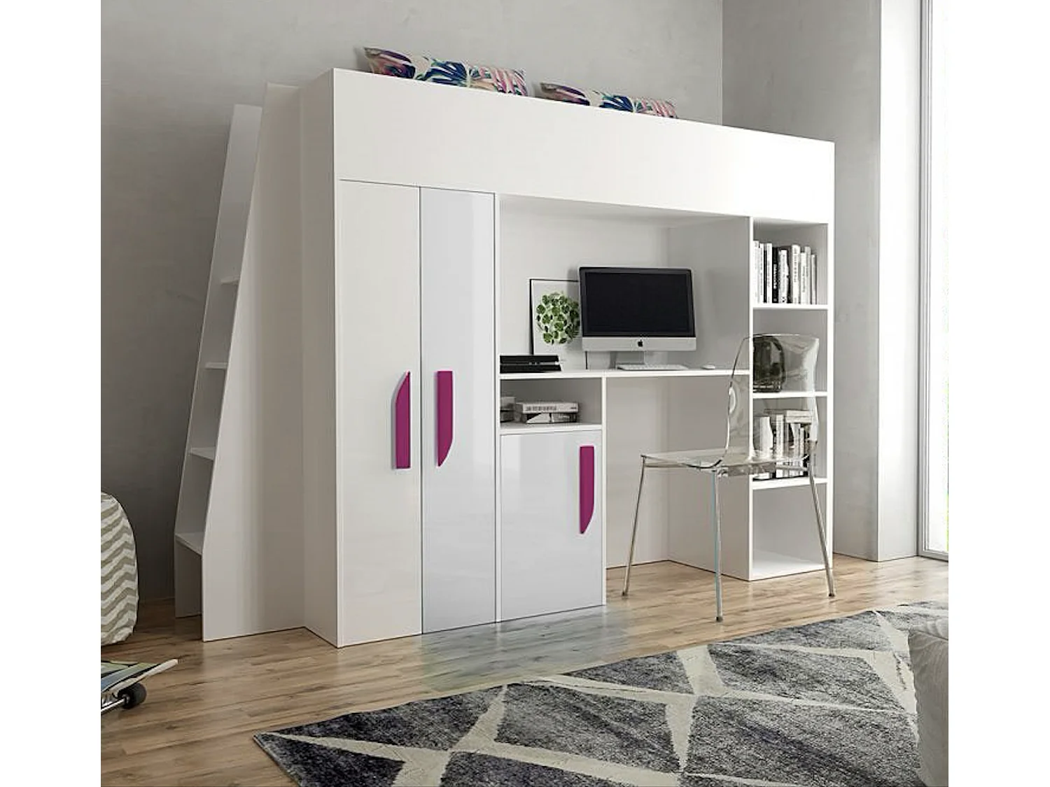 HOCHBETT Party weiß / weiß Hochglanz - Griffe pink 95 / 230 / 165cm