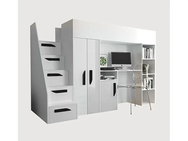 HOCHBETT Party weiß / weiß Hochglanz - Griffe schwarz 120 / 247 / 165cm