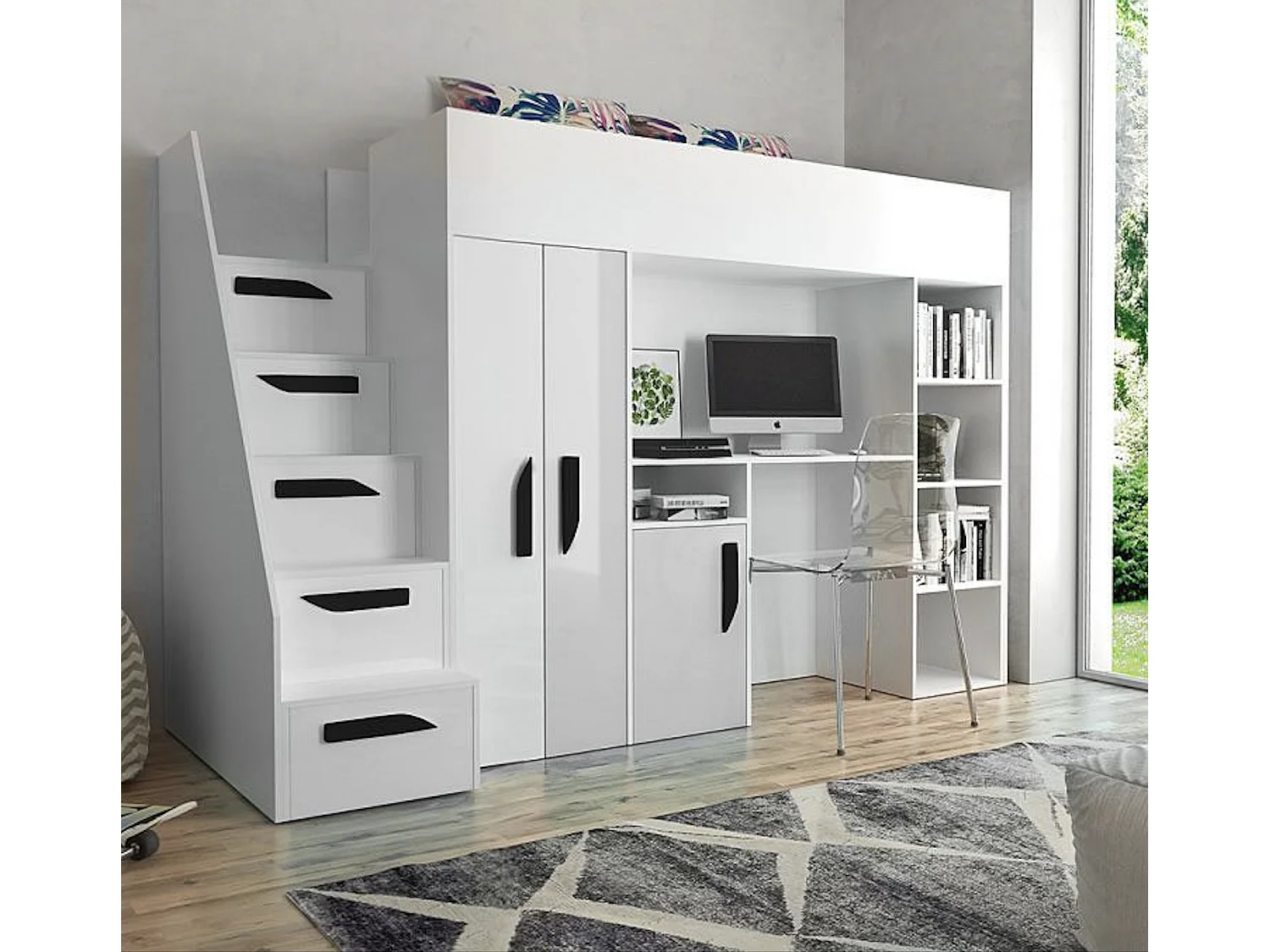 HOCHBETT Party weiß / weiß Hochglanz - Griffe schwarz 120 / 247 / 165cm