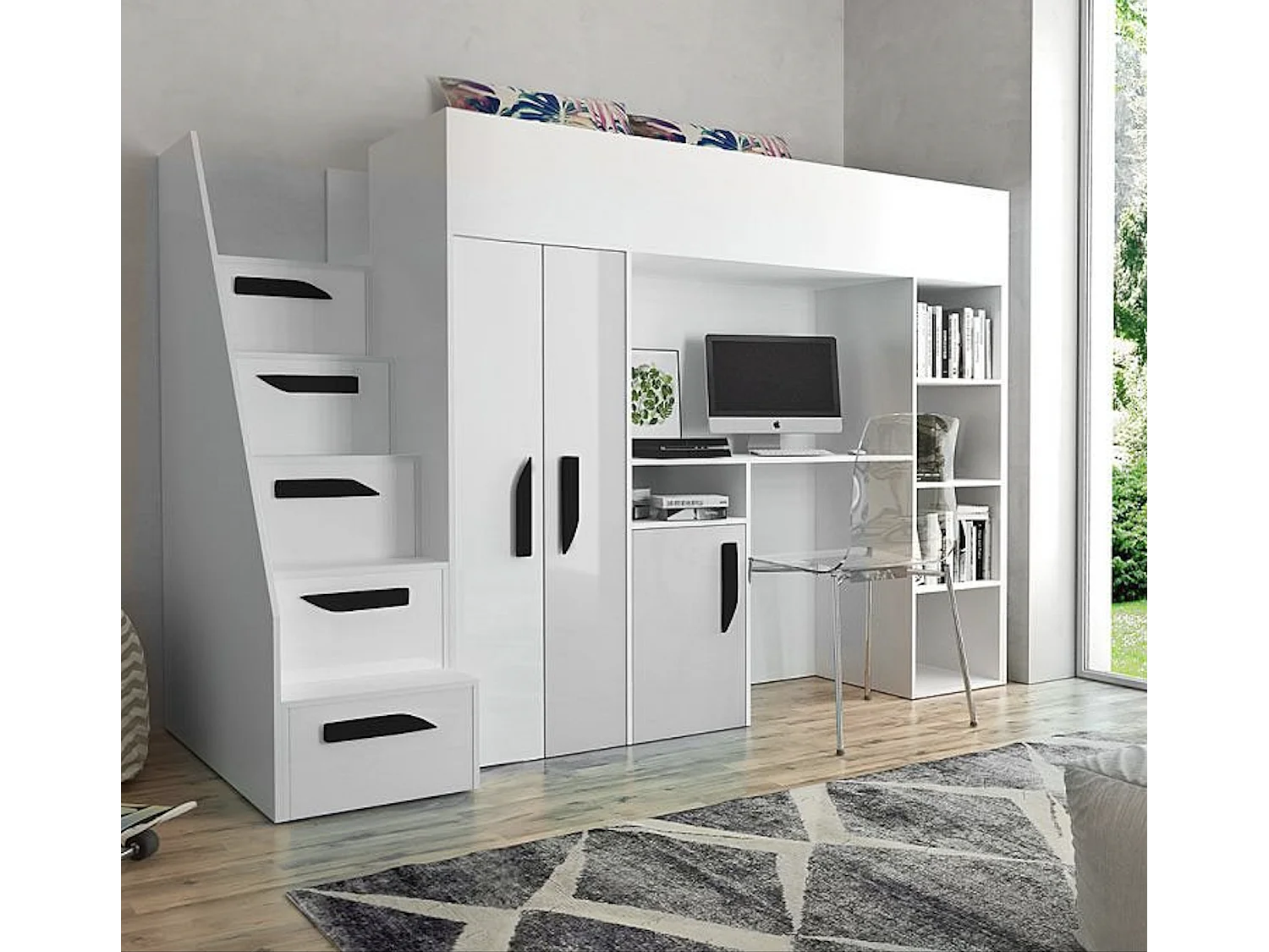 HOCHBETT Party weiß / weiß Hochglanz - Griffe schwarz 120 / 247 / 165cm