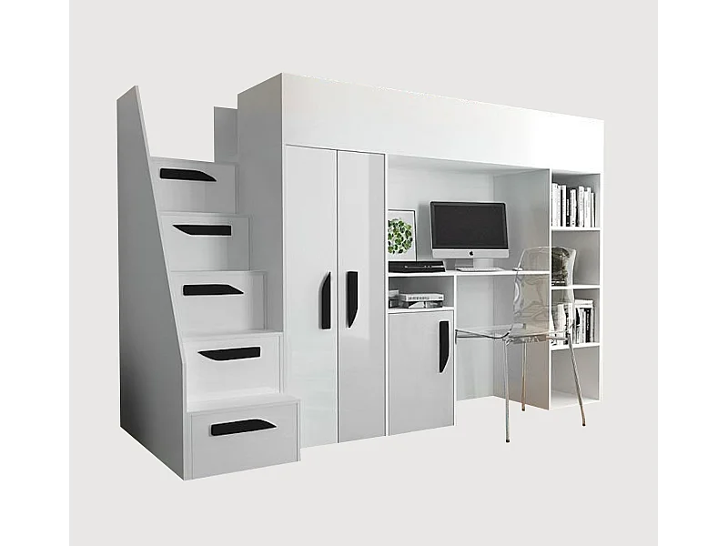 HOCHBETT Party weiß / weiß Hochglanz - Griffe schwarz 120 / 247 / 165cm