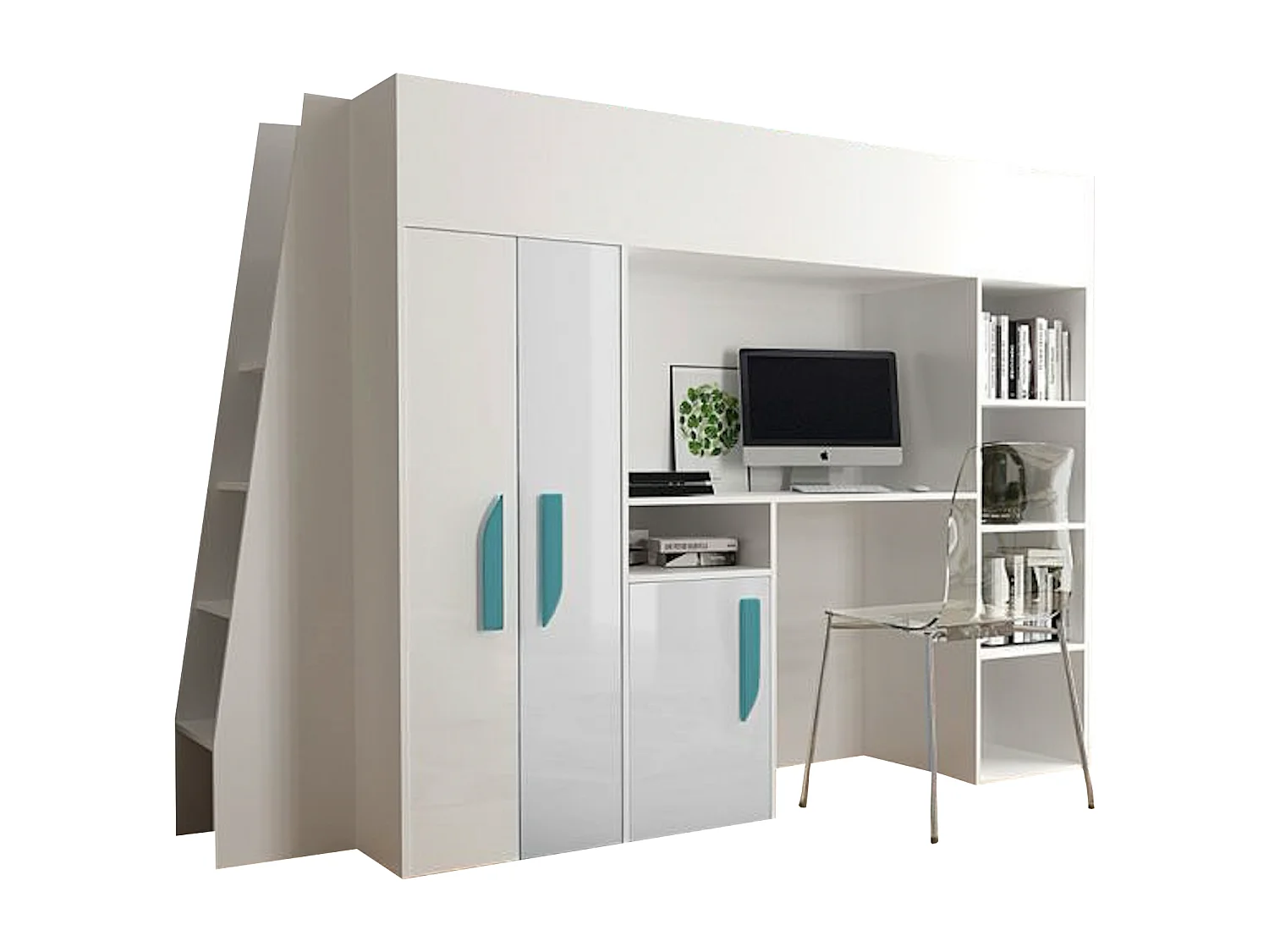 HOCHBETT Party weiß / weiß Hochglanz - Griffe türkis 95 / 230 / 165cm