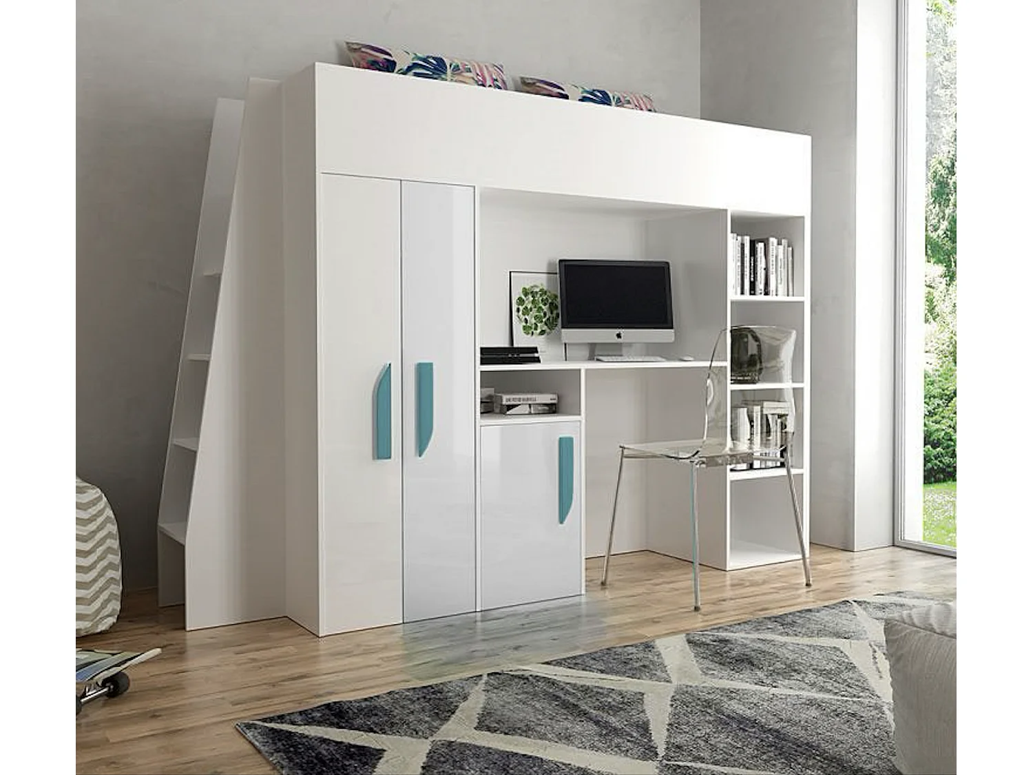 HOCHBETT Party weiß / weiß Hochglanz - Griffe türkis 95 / 230 / 165cm