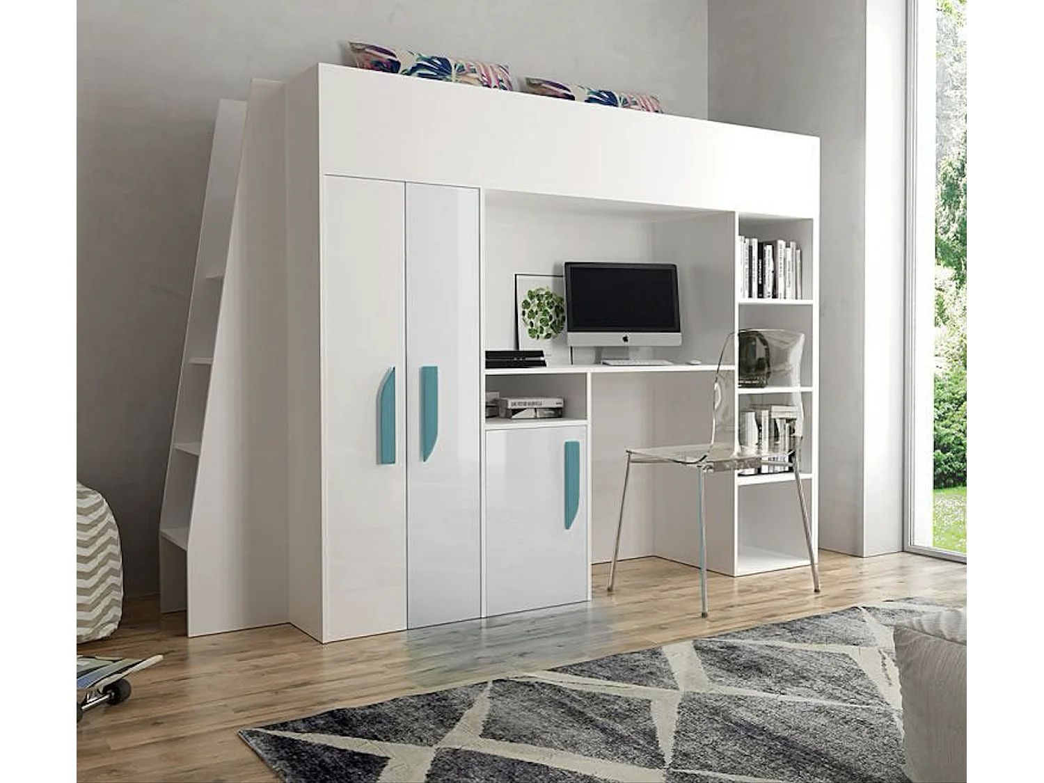 HOCHBETT Party weiß / weiß Hochglanz - Griffe türkis 95 / 230 / 165cm