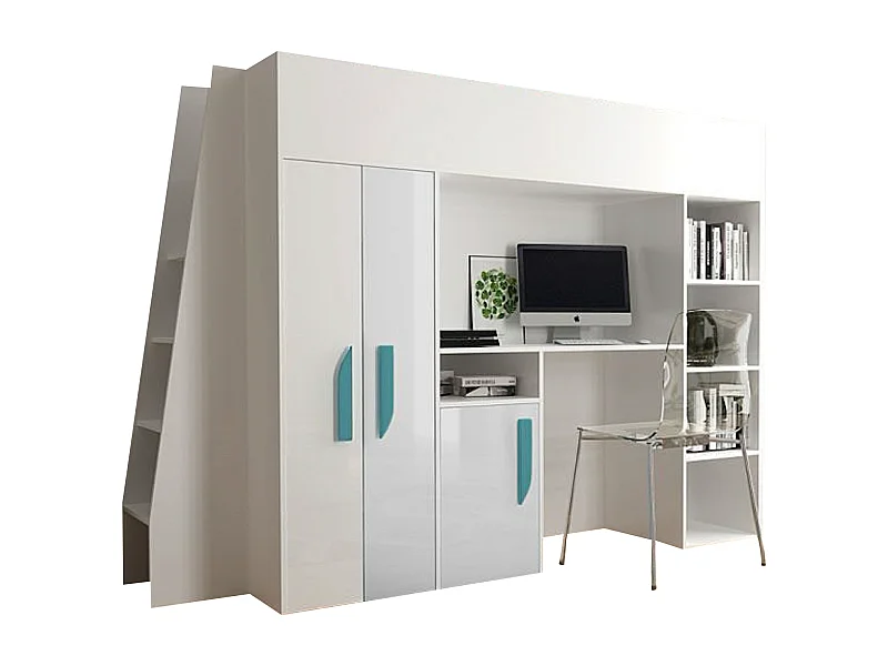 HOCHBETT Party weiß / weiß Hochglanz - Griffe türkis 95 / 230 / 165cm