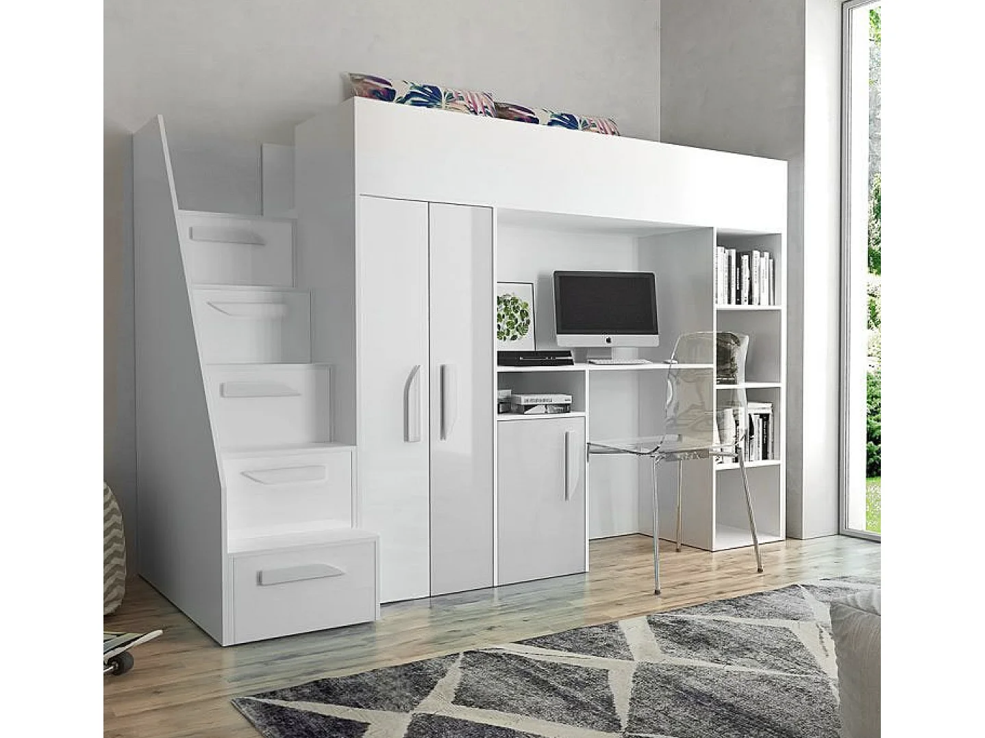 HOCHBETT Party weiß / weiß Hochglanz - Griffe weiß 120 / 247 / 165cm