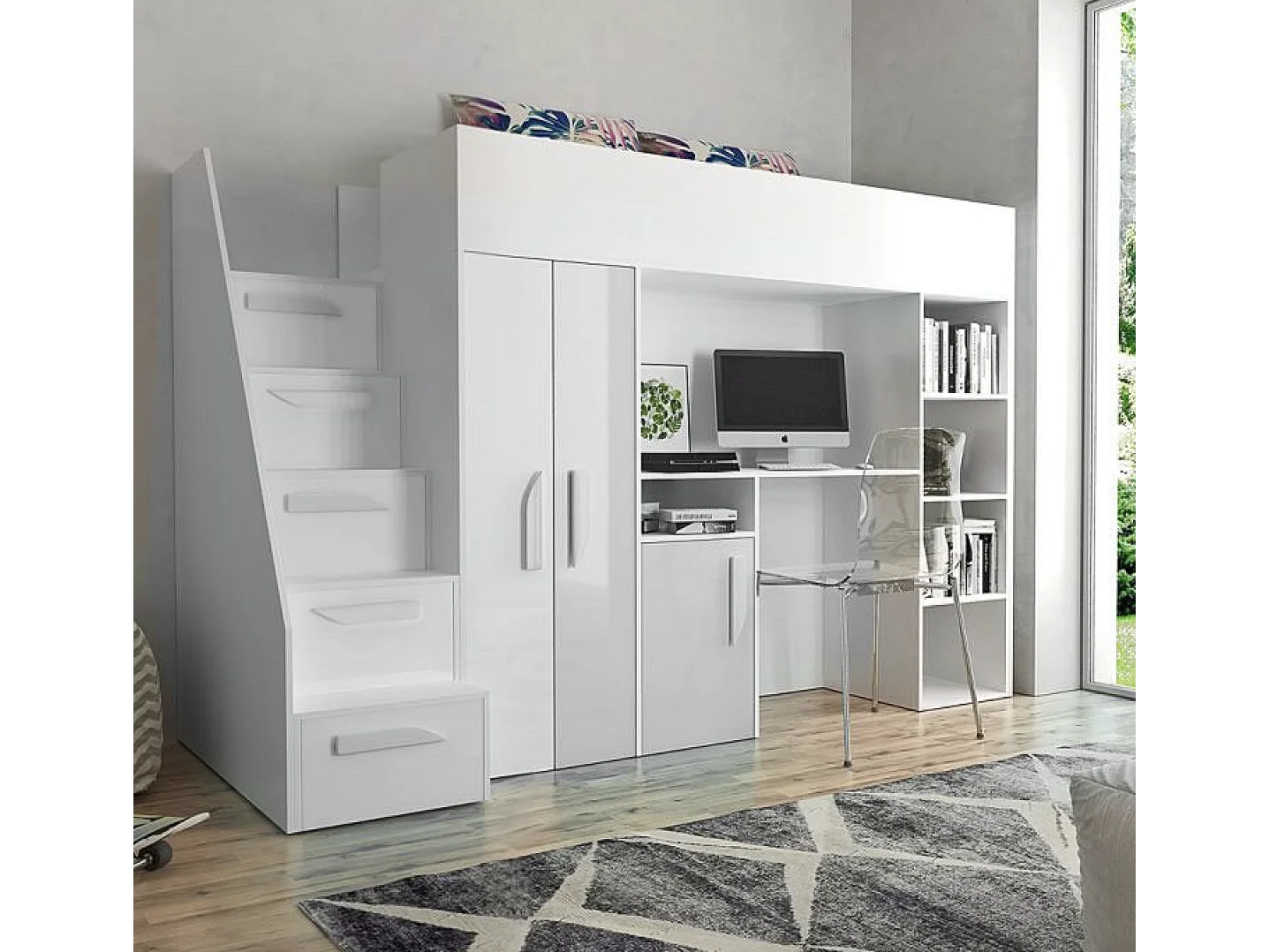 HOCHBETT Party weiß / weiß Hochglanz - Griffe weiß 120 / 247 / 165cm