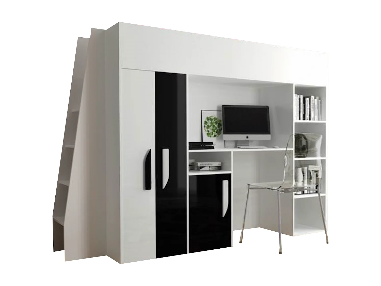 HOCHBETT Party weiß / schwarz Hochglanz - Griffe weiß / schwarz 95 / 230 / 165cm