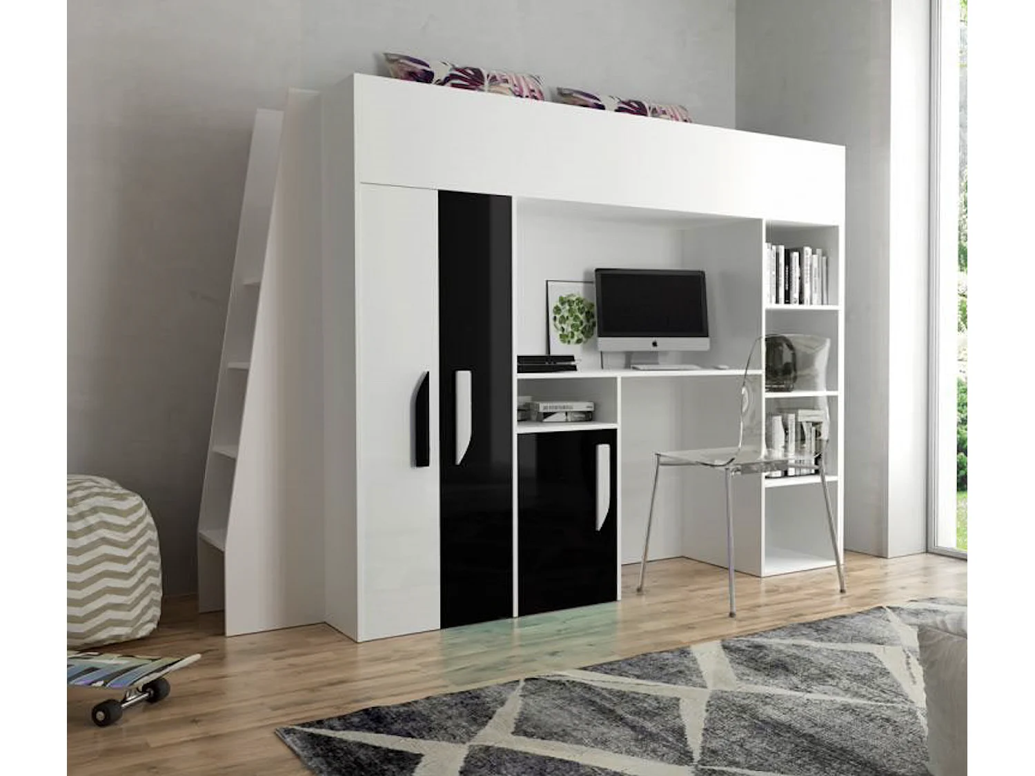 HOCHBETT Party weiß / schwarz Hochglanz - Griffe weiß / schwarz 95 / 230 / 165cm