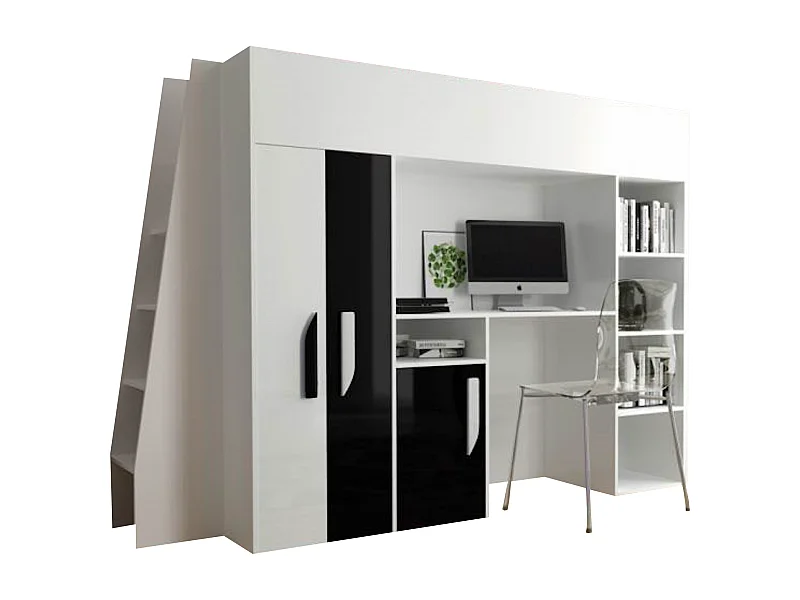 HOCHBETT Party weiß / schwarz Hochglanz - Griffe weiß / schwarz 95 / 230 / 165cm