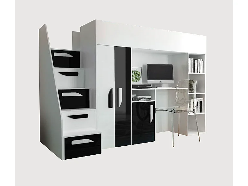 HOCHBETT Party weiß / schwarz Hochglanz - Griffe weiß / schwarz 120 / 247 / 165cm