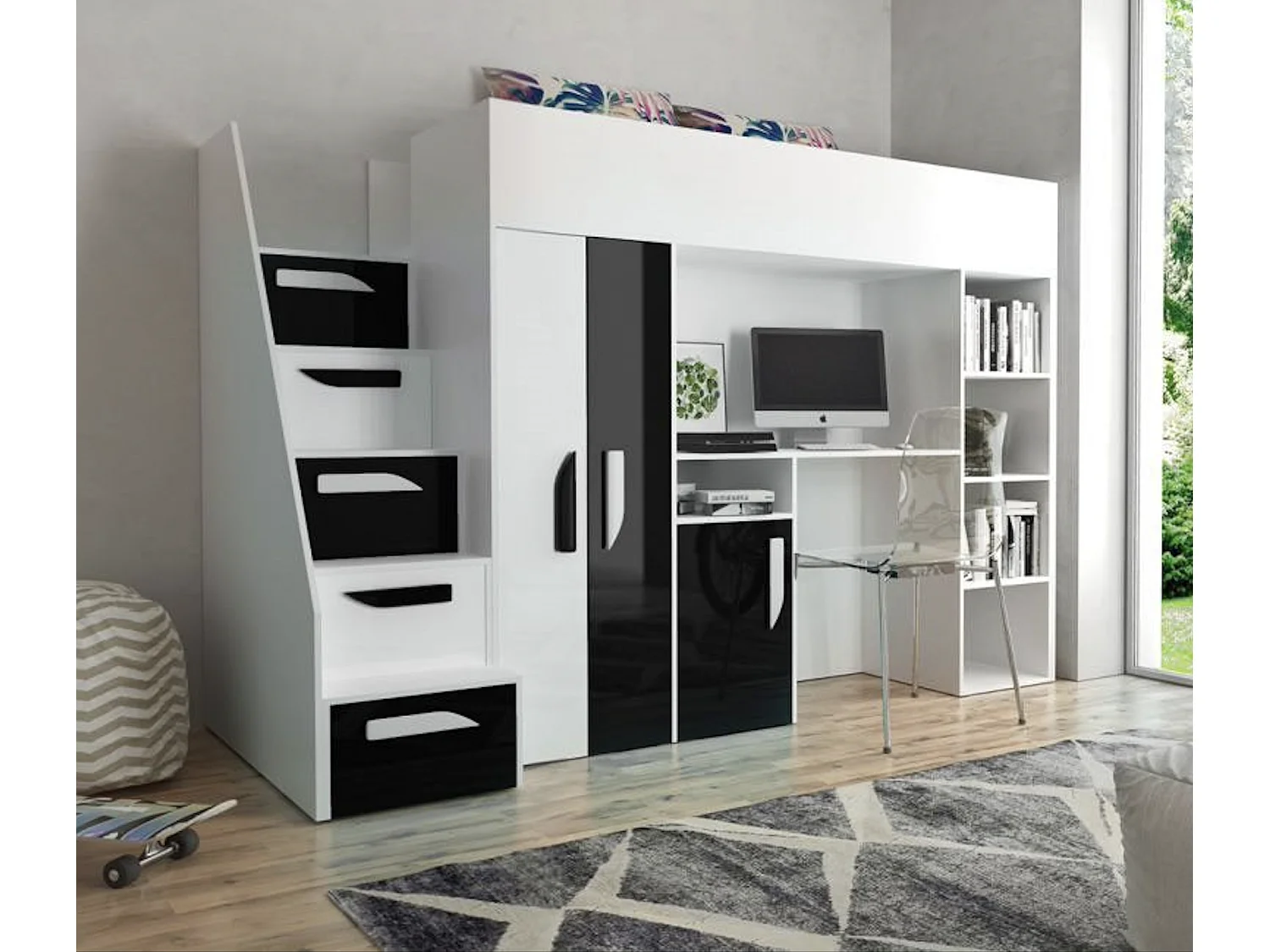 HOCHBETT Party weiß / schwarz Hochglanz - Griffe weiß / schwarz 120 / 247 / 165cm