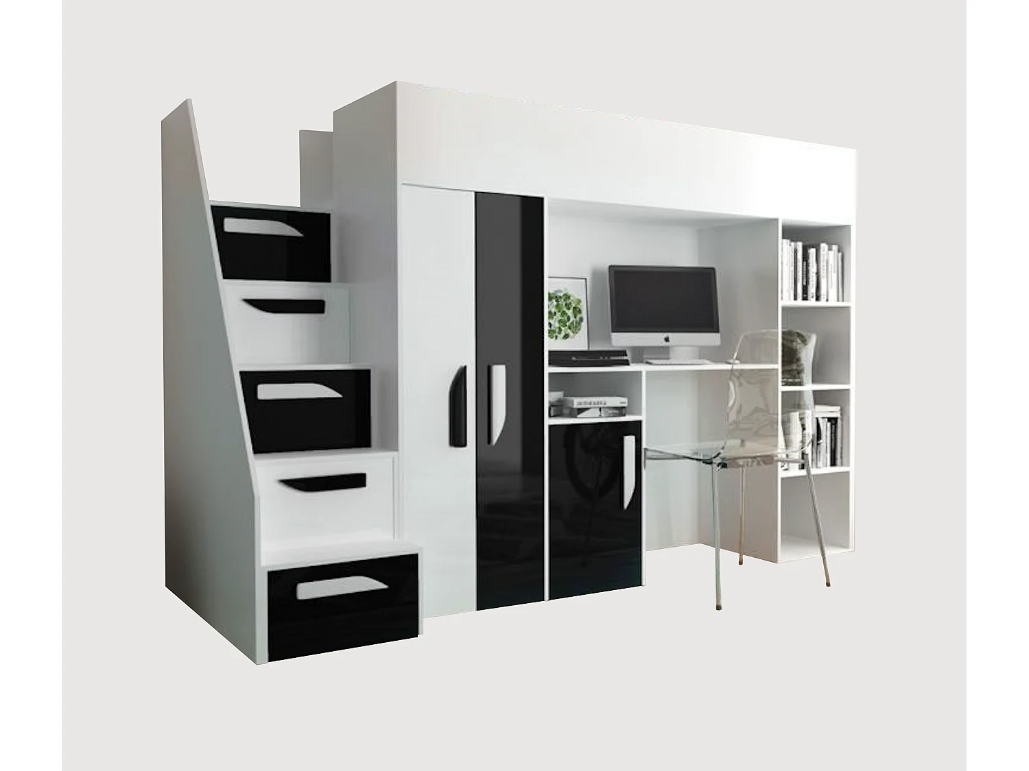 HOCHBETT Party weiß / schwarz Hochglanz - Griffe weiß / schwarz 120 / 247 / 165cm