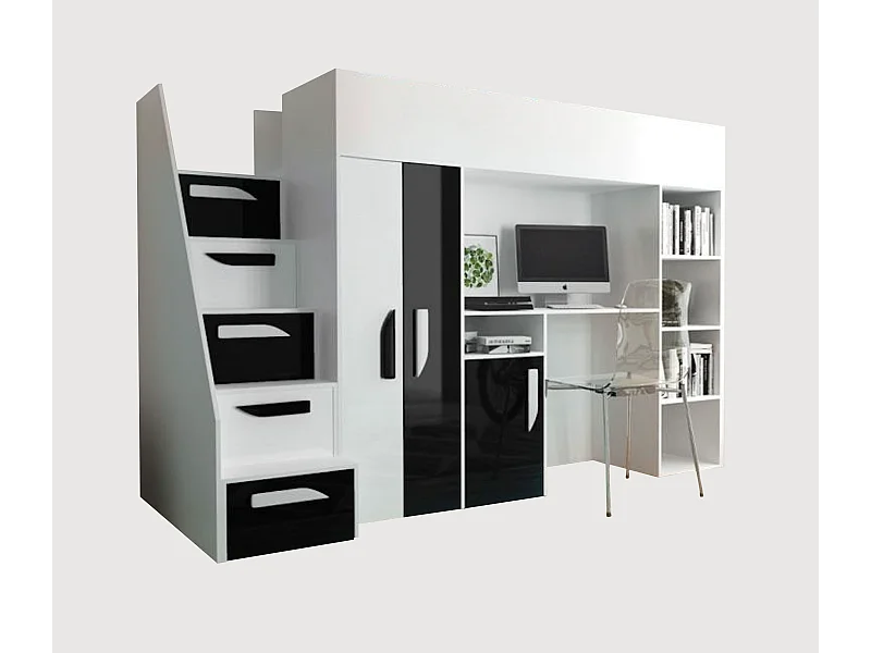 HOCHBETT Party weiß / schwarz Hochglanz - Griffe weiß / schwarz 120 / 247 / 165cm