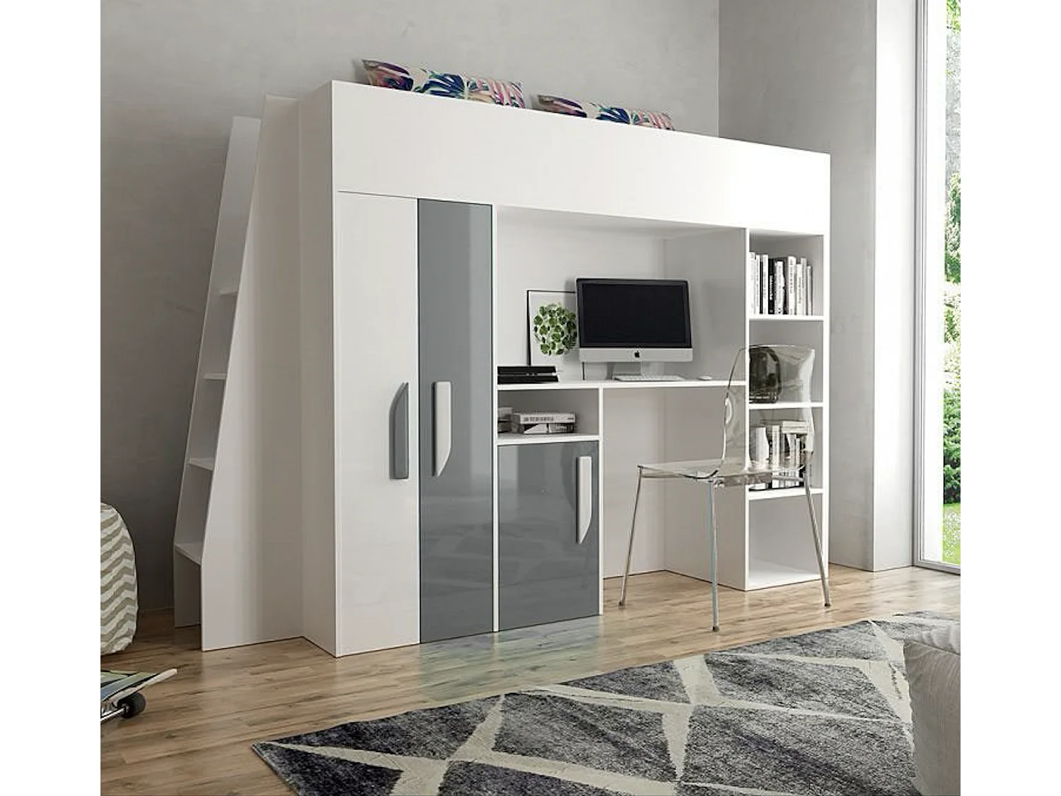 HOCHBETT Party weiß / grau Hochglanz - Griffe weiß / grau 95 / 230 / 165cm