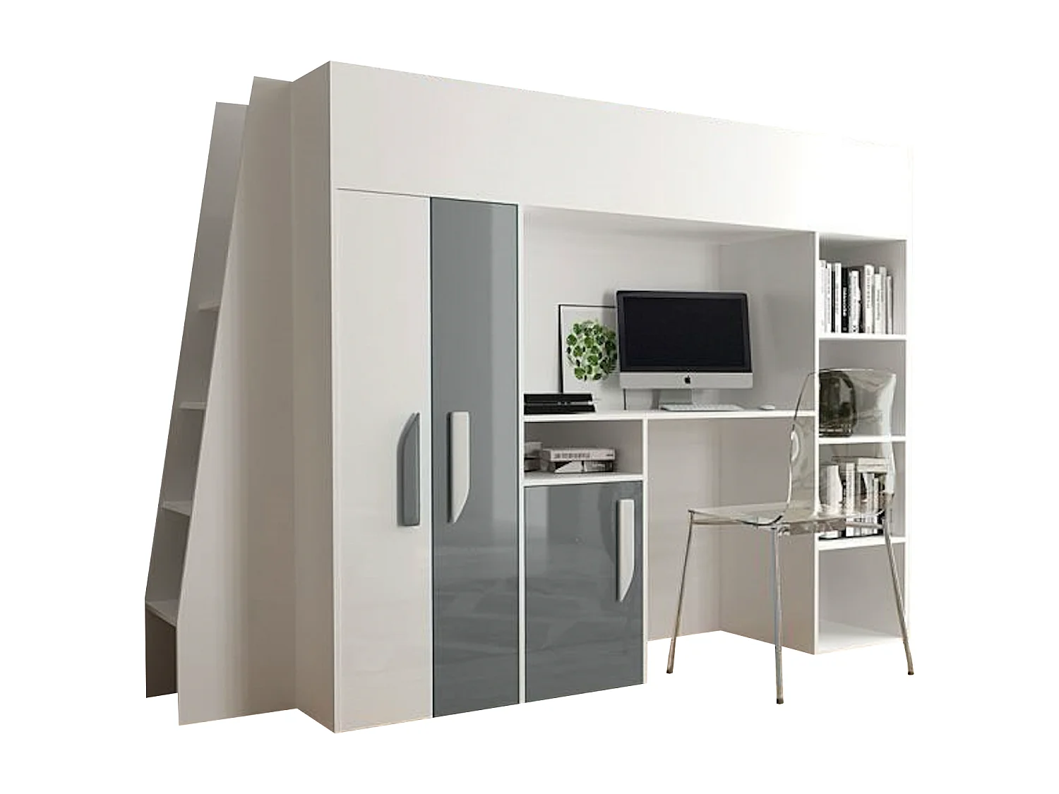 HOCHBETT Party weiß / grau Hochglanz - Griffe weiß / grau 95 / 230 / 165cm