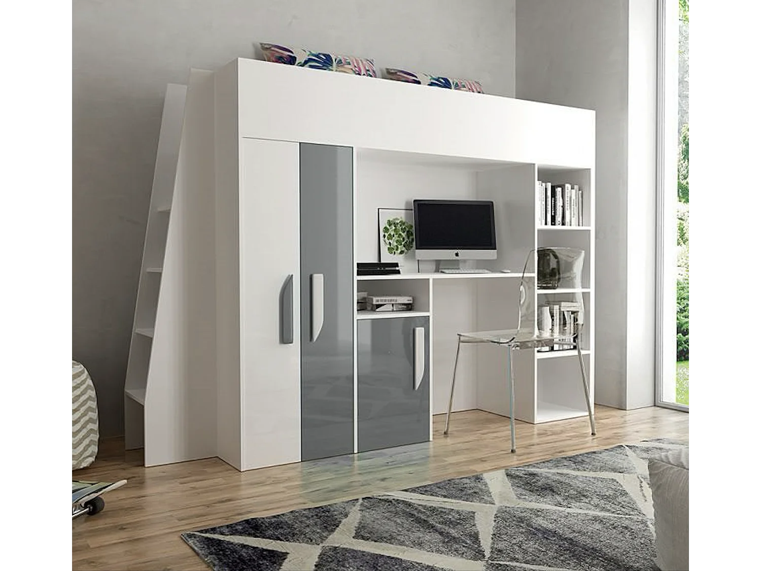 HOCHBETT Party weiß / grau Hochglanz - Griffe weiß / grau 95 / 230 / 165cm