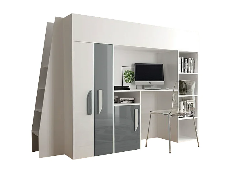 HOCHBETT Party weiß / grau Hochglanz - Griffe weiß / grau 95 / 230 / 165cm