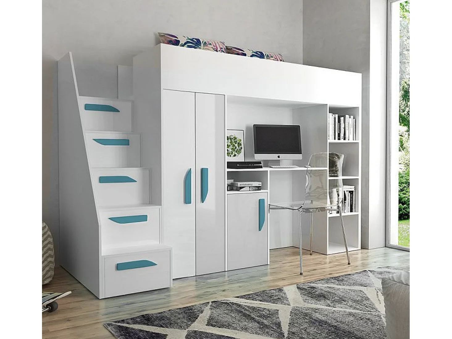 HOCHBETT Party weiß / weiß Hochglanz - Griffe türkis 120 / 247 / 165cm