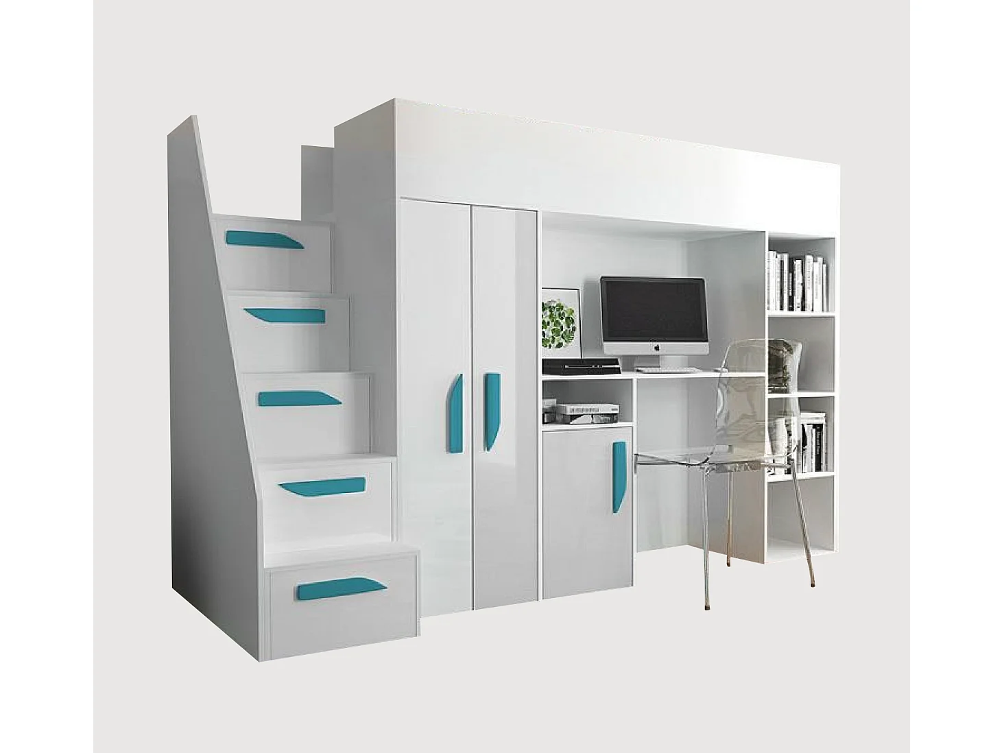 HOCHBETT Party weiß / weiß Hochglanz - Griffe türkis 120 / 247 / 165cm