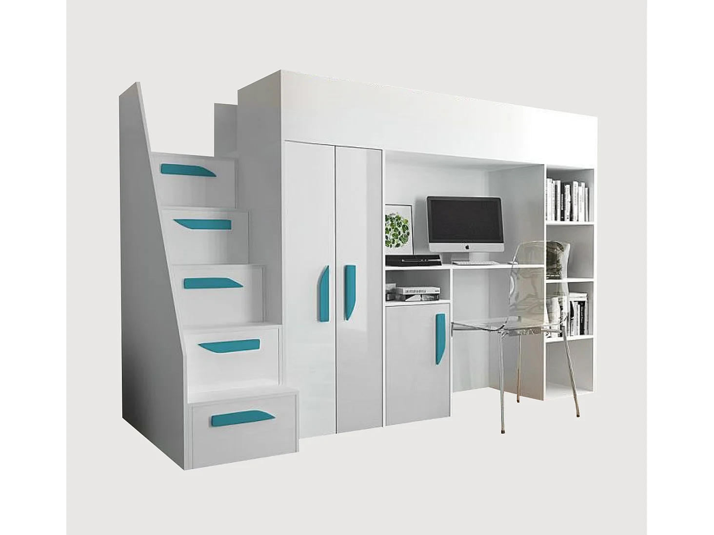 HOCHBETT Party weiß / weiß Hochglanz - Griffe türkis 120 / 247 / 165cm