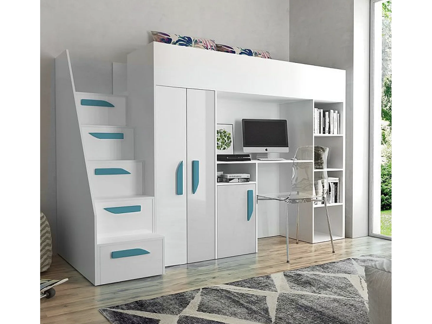 HOCHBETT Party weiß / weiß Hochglanz - Griffe türkis 120 / 247 / 165cm