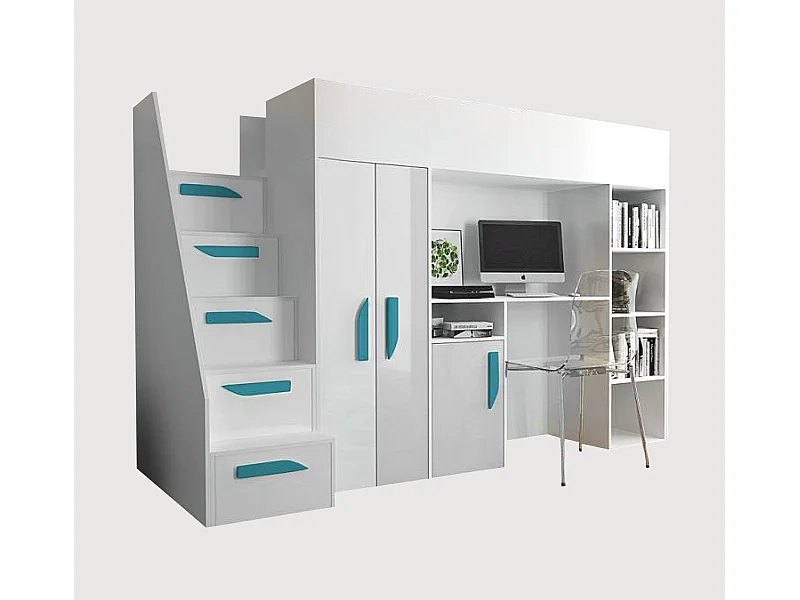 HOCHBETT Party weiß / weiß Hochglanz - Griffe türkis 120 / 247 / 165cm